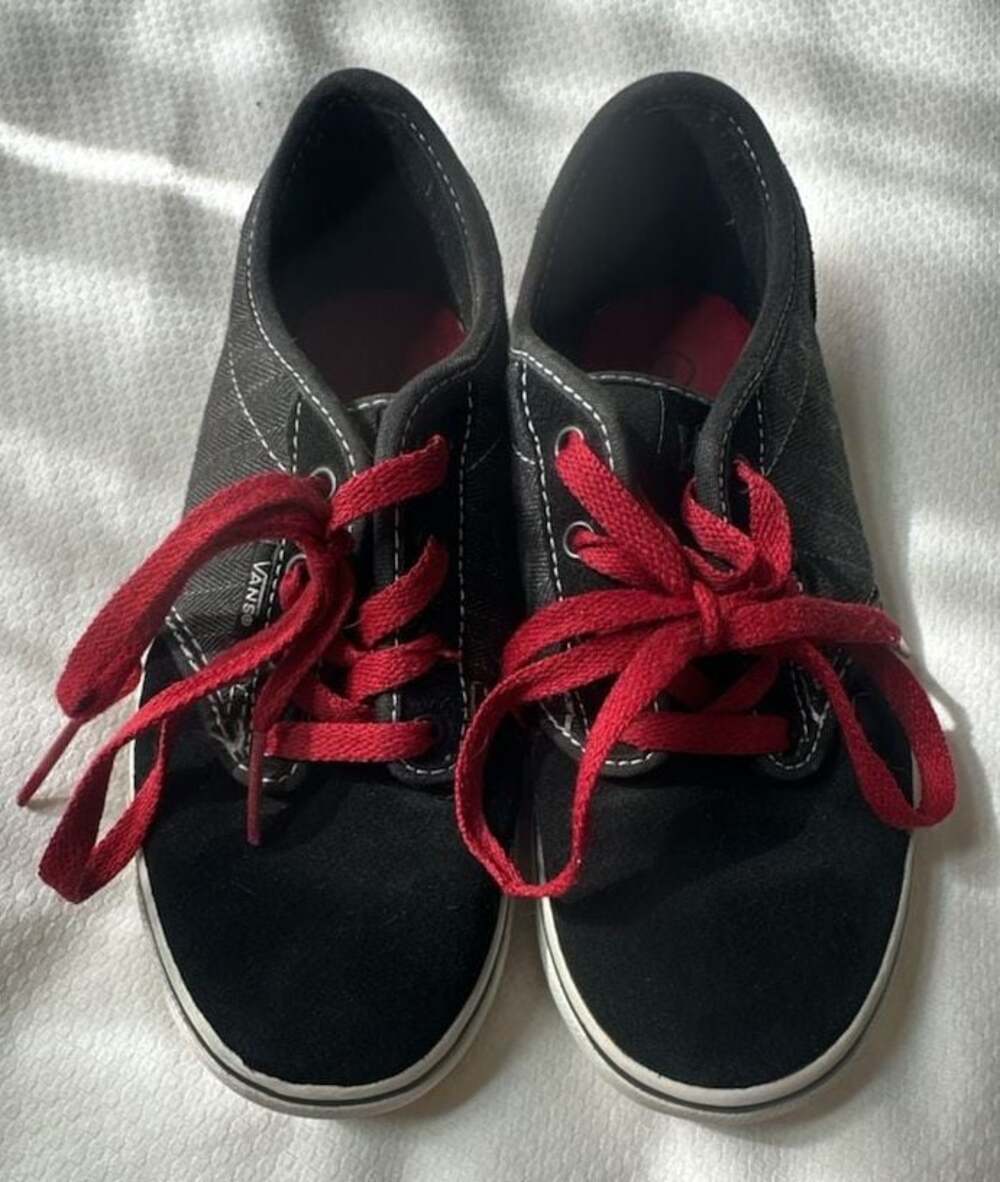Vans Low-Top Skate Shoes in black canvas with red laces, Youth Size 2.0